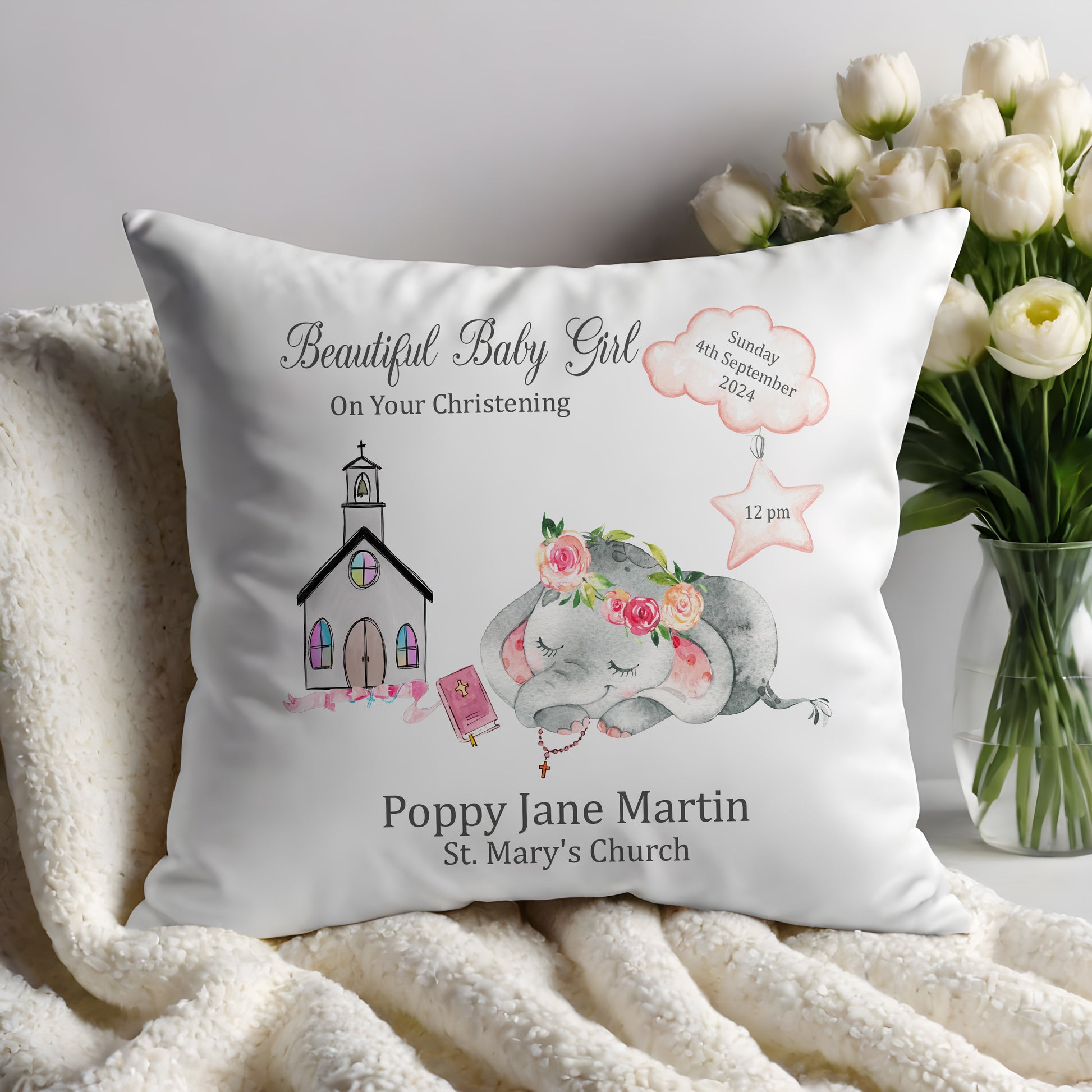Personalised Elephant Boy/Girl Christening/Baptism Cushion