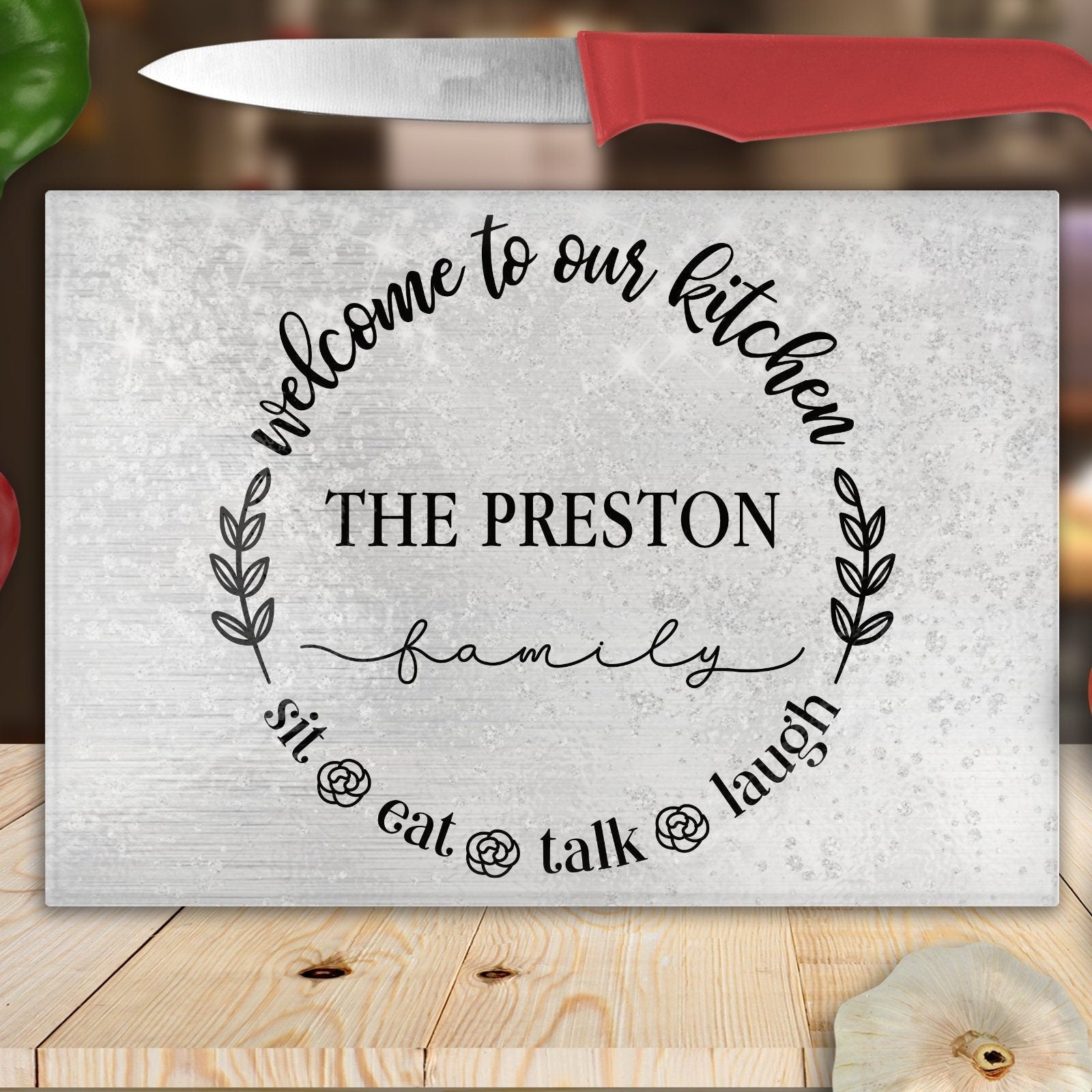 Welcome To Our Kitchen Personalised Glass Chopping Board