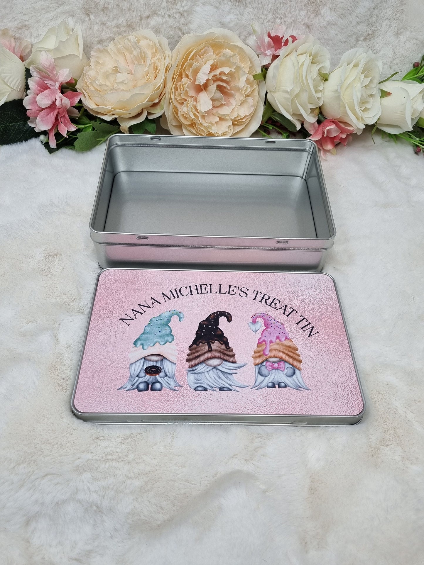 Personalised Gnome Treat Tin, Goodie Tin, Gnome Biscuit Tin
