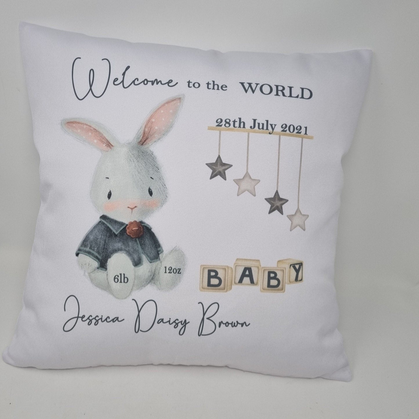 Personalised New Baby Cushion, New Baby Gift, Rabbit Baby Gift, Welcome To The World, Rabbit Gift, New Baby