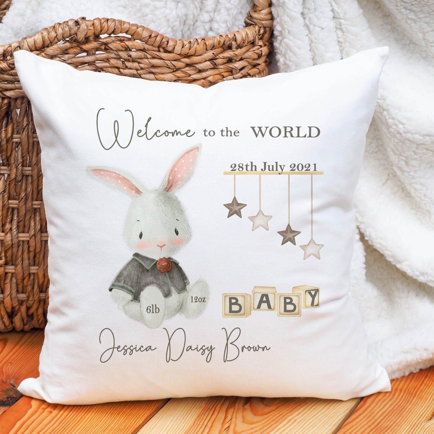 Personalised New Baby Cushion, New Baby Gift, Rabbit Baby Gift, Welcome To The World, Rabbit Gift, New Baby