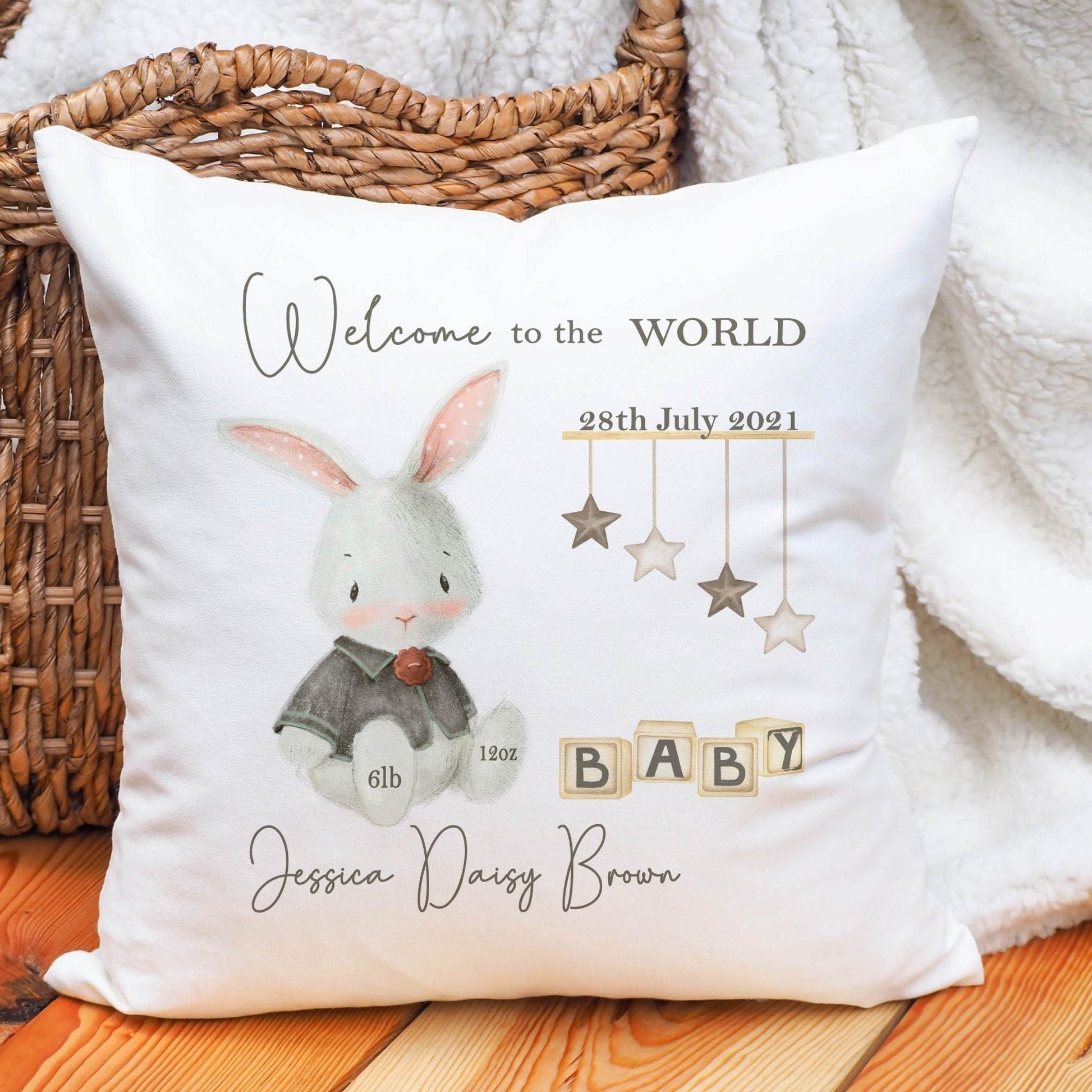 Personalised New Baby Bunny Rabbit Cushion
