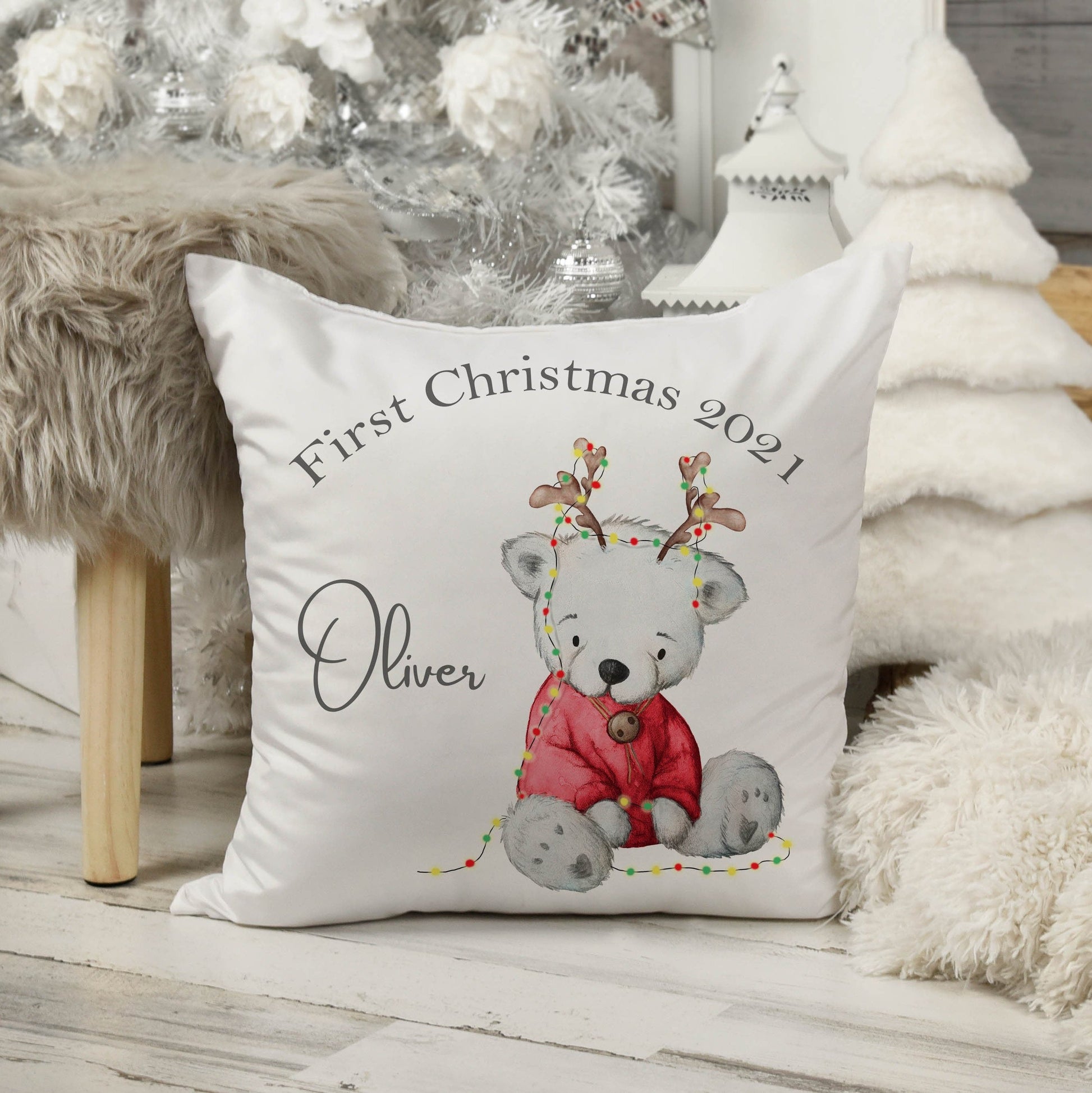 Personalised First Christmas Red Teddy Cushion