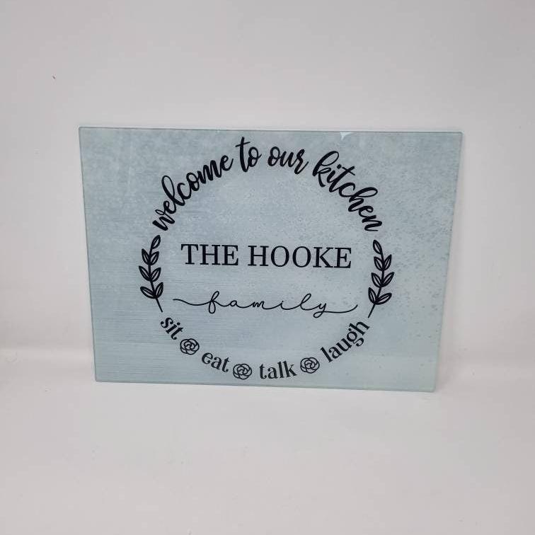 Welcome To Our Kitchen Personalised Glass Chopping Board