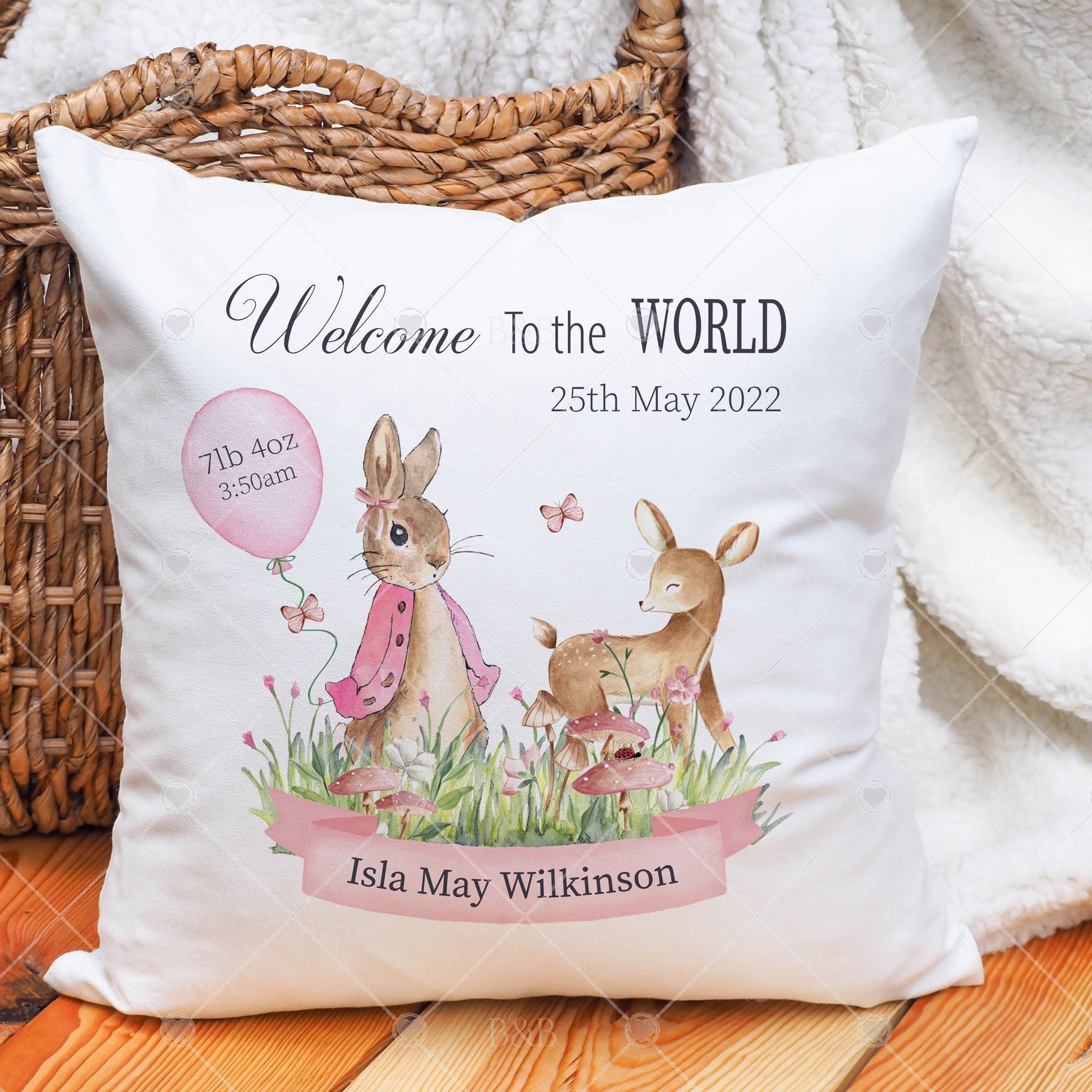 Woodland New Baby Boy, Girl Rabbit Cushion