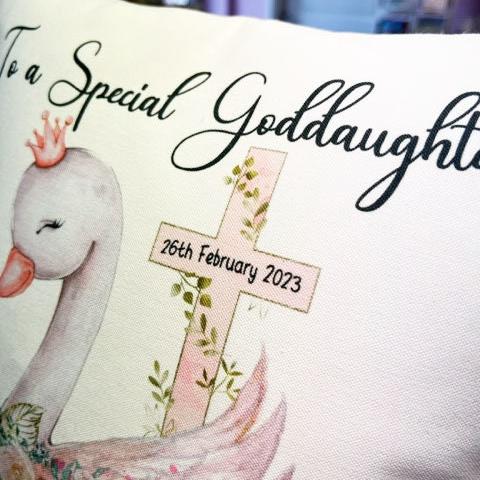 Personalised Swan Christening/Baptism/Goddaughter Cushion