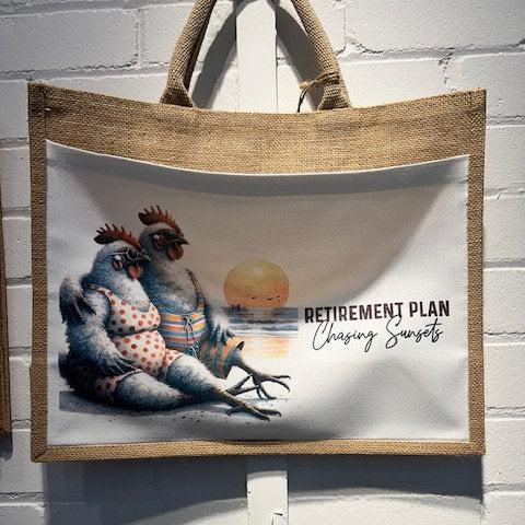 Beach Bag Funny Quote Chickens Retirement Travel Bag Gift Sunset Summer Holidays Large Jute Bag Day Trip Hessian Bag for Life Eco friendly