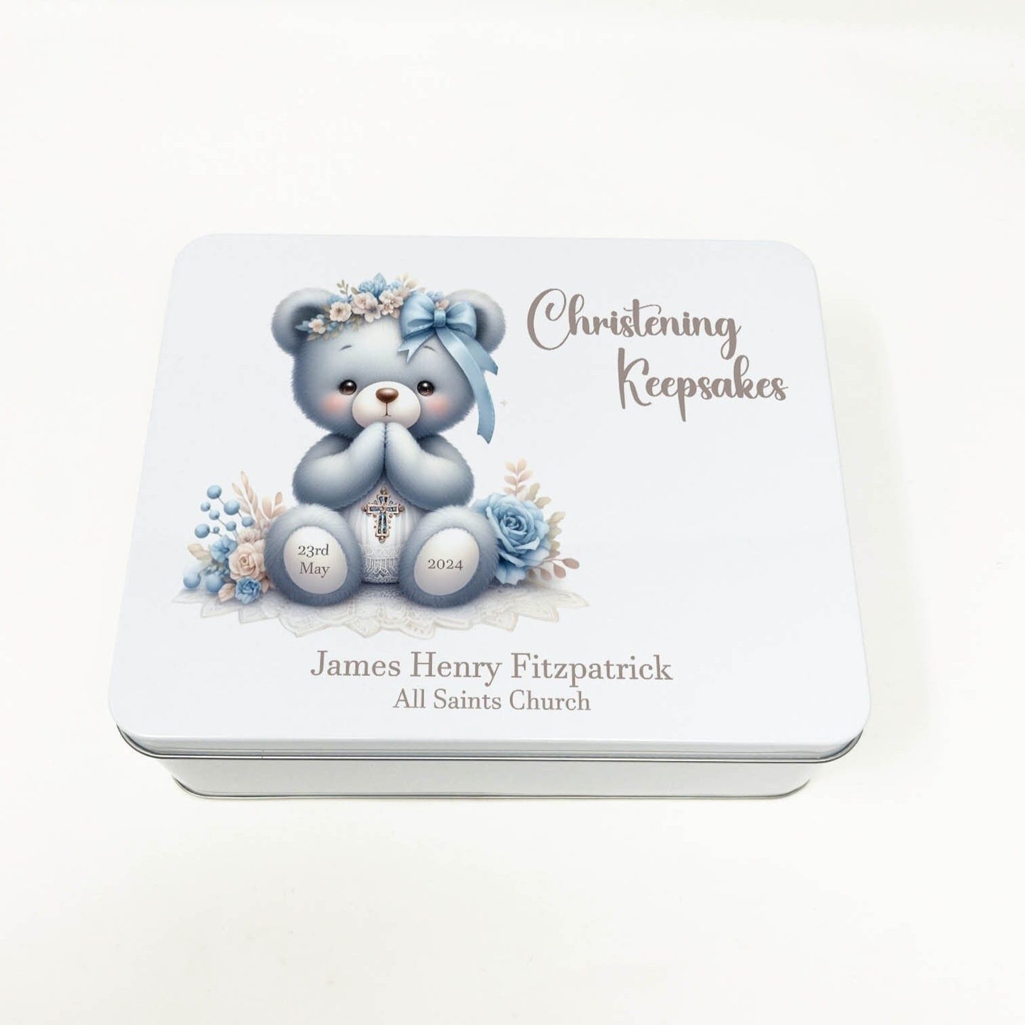 Christening Baby Keepsake Box Metal Storage Tin Personalised Baptism Christening Memory Box