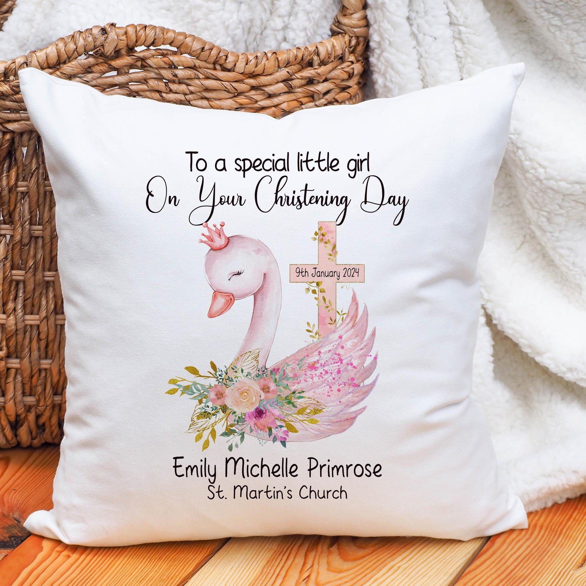 Personalised Swan Christening/Baptism/Goddaughter Cushion