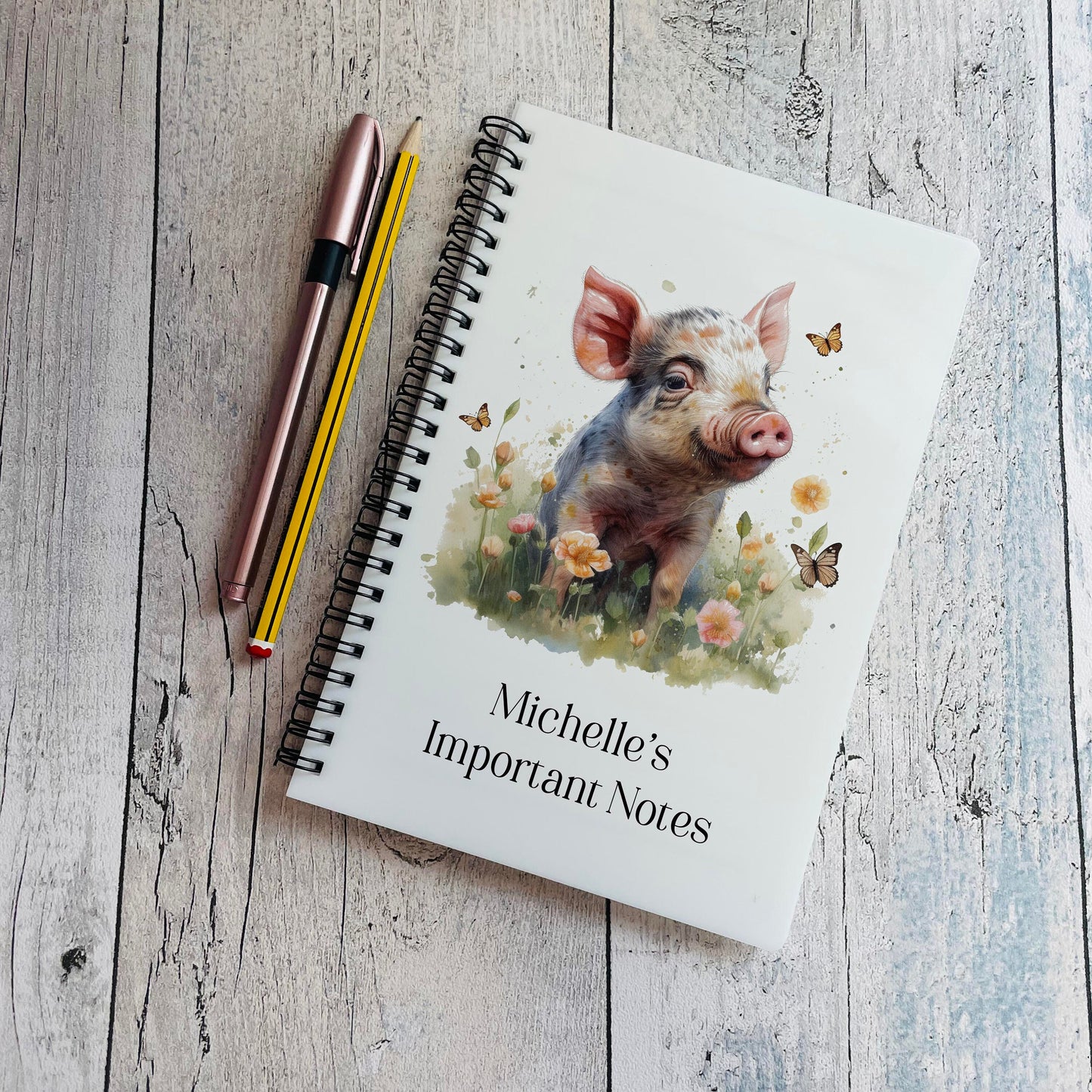 Personalised Pig Butterflies Notebook Cute Farm Animal Jotter Notepad Piglet Notes Custom Writing
