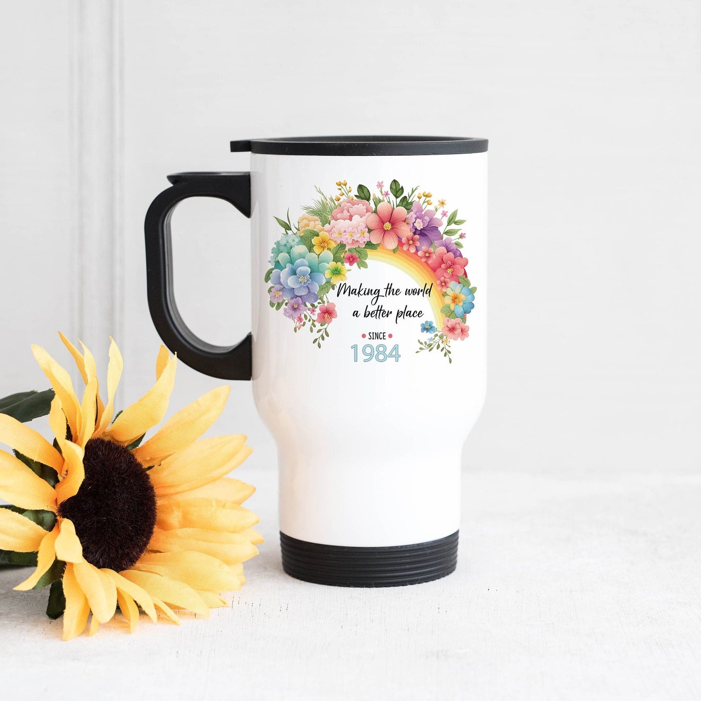 Personalised Inspirational Rainbow Travel Mug, Rainbow Making A Difference Mug, Friend Positive Quote, Appreciation Year of Birth Birthday