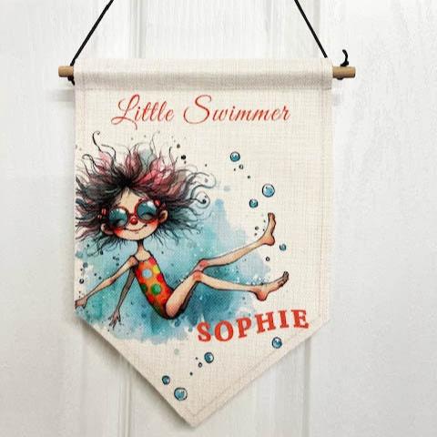 Personalised Little Swimmer Room Decor Flag, Swimming Pennant, Swimming Baths Bedroom Decor, Water Lover, Little Girls Bedroom Water Baby