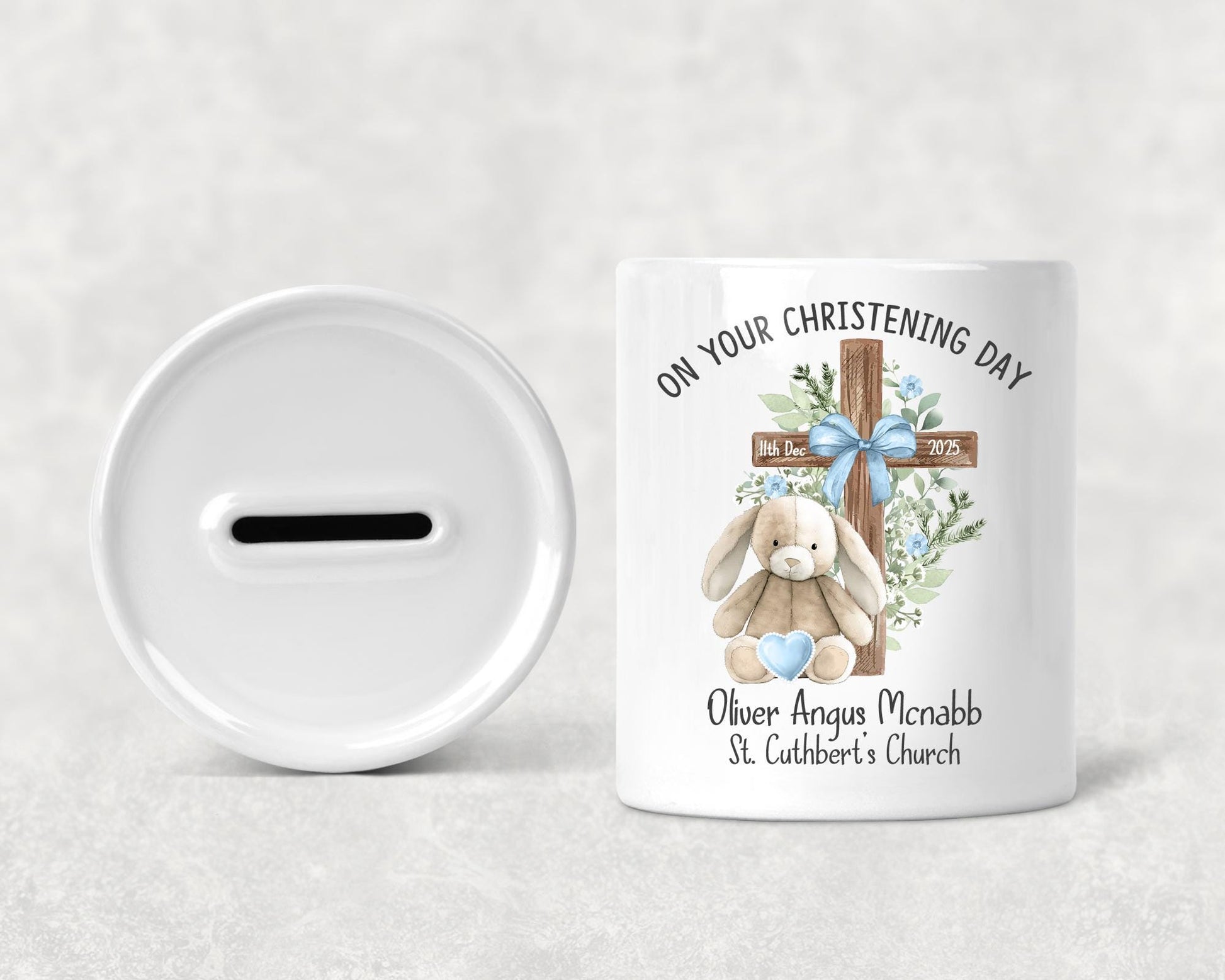 Personalised Christening Baptism Boy & Girl Bear Money Box